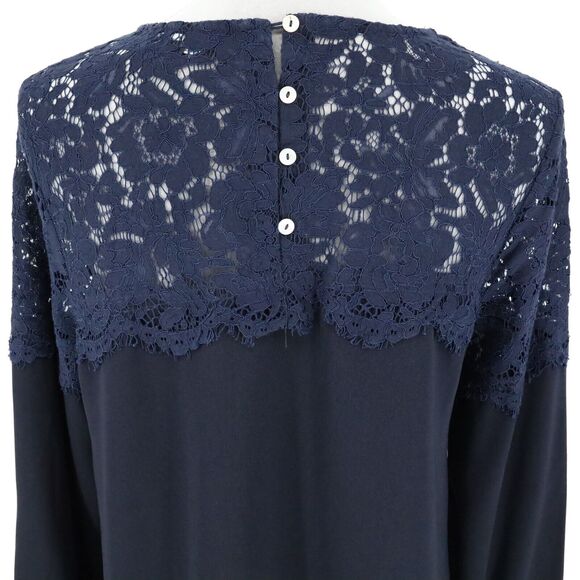 Lulus Top Womens Medium Navy Blue Lace Yoke Crepe Blouse Pullover Romantic - Picture 9 of 15